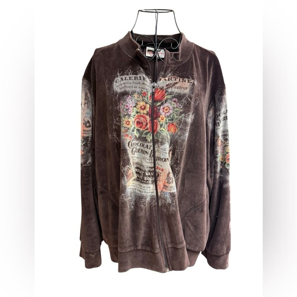 Confetti Y2K Floral Paris Graphic Brown Velour Zip-Up Jacket 3X